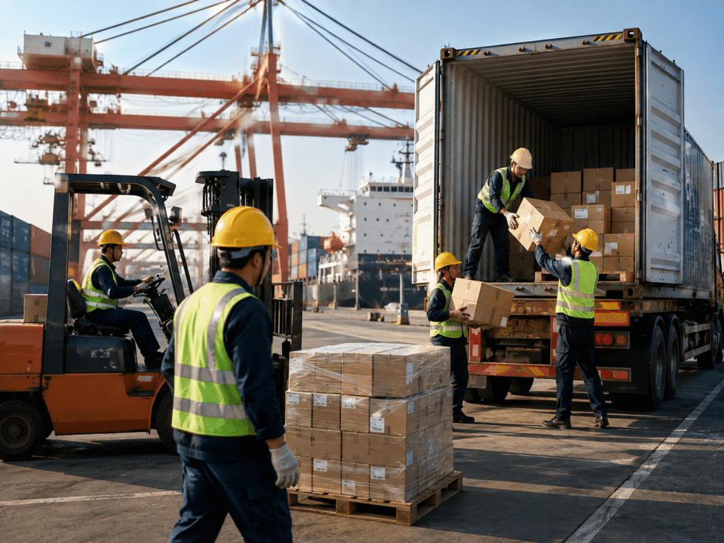 equipo chino trabajando en carga y descarga en puerto